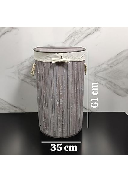 El Yapımı Hasır Katlanır Çamaşır Sepeti Yuvarlak 55 Litre (35CM*35CM*61CM), Doğal Malzemeden Üretilmiş Çamaşırlık (Gri) fırsatları