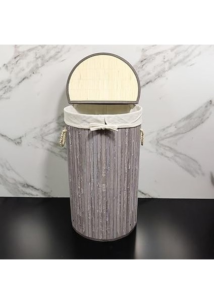 El Yapımı Hasır Katlanır Çamaşır Sepeti Yuvarlak 55 Litre (35CM*35CM*61CM), Doğal Malzemeden Üretilmiş Çamaşırlık (Gri) indirimleri