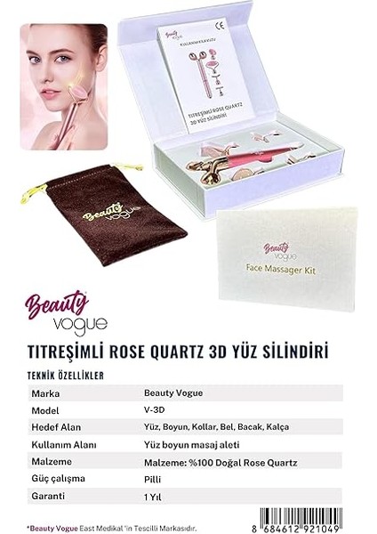 Vogue 3D Yüz Masaj Silindiri, 5 Başlıklı, Rose Quartz Titreşimli Cilt Bakım Cihazı, Profesyonel indirimleri