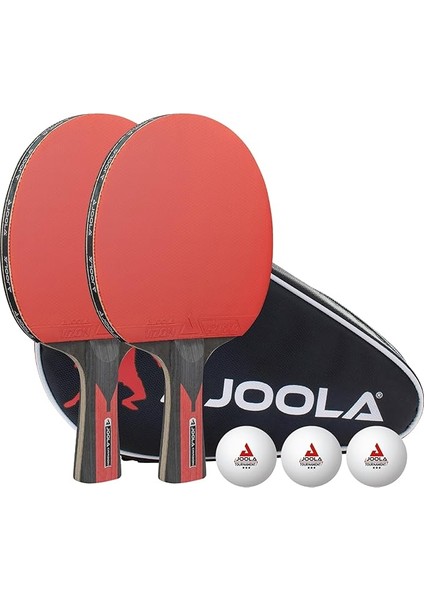 Tischtennis Set Duo Carbon 2 Tischtennisschläger + 3 Tischtennisbälle + Tischtennishülle, Rot/schwarz, 6-Teilig