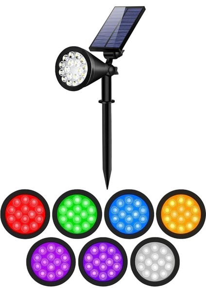 7 Renk Rgb 18 LED Spot Güneş Enerjili Bahçe Aydınlatması, Fotoselli, Aplik, 18W, Su Geçirmez Dış Mekan Solar Lamba, Duvar ve Zemin Montajı (Kırmızı, Yeşil, Mavi, Amber, Mor, Beyaz, Turkuaz)
