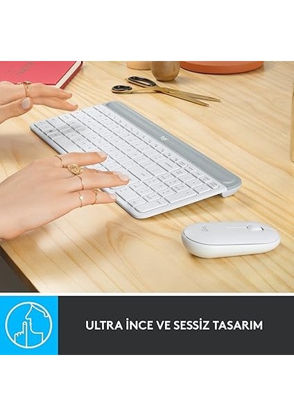 MK470 Slim Combo Kablosuz Klavye Mouse Seti, 12 Fn Kısayolu ile Kompakt Klavye, Sağ ve Sol Elle Kullanılabilir, 10 M Kullanım Mesafesi, Sessiz, Türkçe Q Klavye, Beyaz modelleri