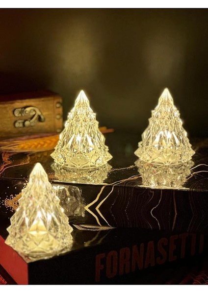 Kristal LED Çam Ağacı Mum 3'lü Alevli Yapay Mum Pilli Yılbaşı LED Işık Abajur