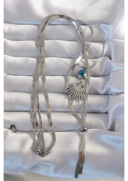 316L Çelik Gümüş Renk Zirkon Taşlı Göz Detay Nazarlı Uzun Asansör Model Kolye fiyatları