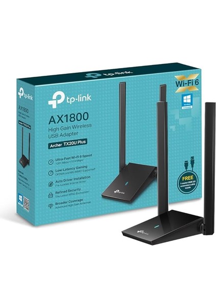 Archer TX20U Plus, AX1800 Mbps Çift Antenli Yüksek Kazanımlı Kablosuz USB Adaptör, 1 Metre USB 3.0 Kablosu, Beamforming, Mu-Mımo, Düşük Gecikmeli Oyun Deneyimi, Wpa3, Kolay Kurulum