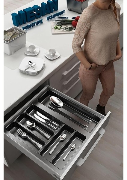 Mutfak Çekmece Içi Düzenleyici, Kaşıklık 44CM x 48CM Yanlar ve Boydan 4cm Kesilebilir, Antrasit