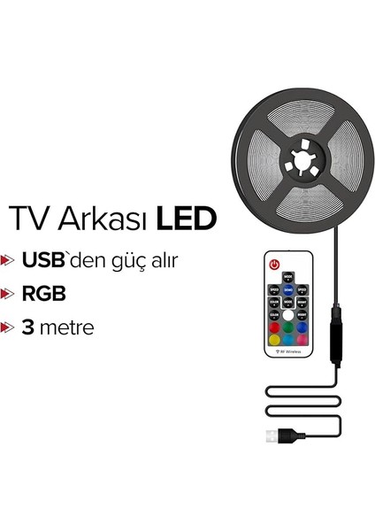 Arkası Animasyonlu Rgb Şerit LED Seti Kumandalı 3 Metre - Cata - 5V USB Girişli fırsatları