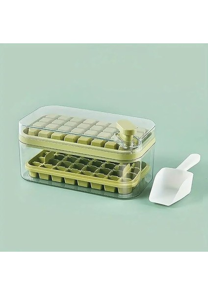 2 Katlı Buz Kalıbı Saklama Kabı Seti, Kürekli, 64 Bölmeli (Yeşil)