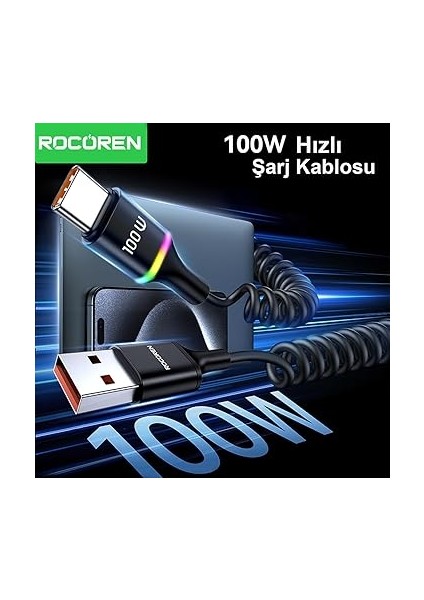 100W 7A Spiral Rgb LED Işıklı Spiral Type-C Hızlı Şarj ve Data Kablosu 1.6 Metre modelleri