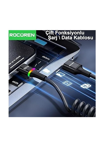 100W 7A Spiral Rgb LED Işıklı Spiral Type-C Hızlı Şarj ve Data Kablosu 1.6 Metre fırsatları