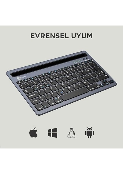 BK100 Kablosuz Bluetooth Şarj Edilebilir, Çoklu Cihaz ile Uyumlu, Telefon/tablet Tutucu Kart Yuvası, Akıllı Uyku Modlu, 40 Saat Çalışma, 78 Tuş, Kompakt Ultra Ince Qwerty Türkçe Q Klavye Gri modelleri