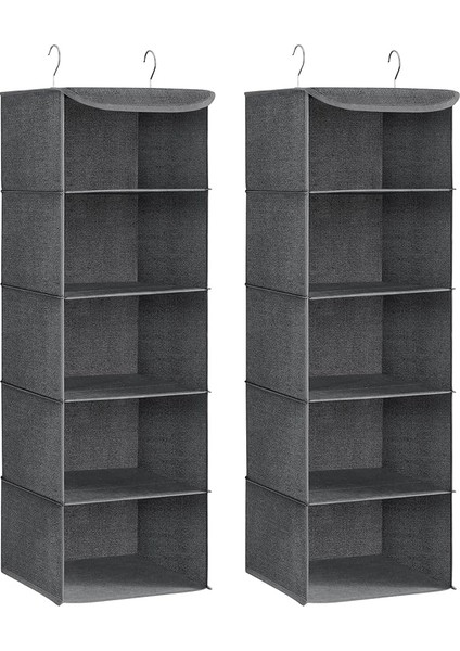 Askılı Gardırop Saklama Düzenleyici, 2'li Set Askılı Saklama Rafları, Katlanabilir Gardırop Giysi Düzenleyiciler, Metal Kancalı, Bambu Çubuklu, Keten Desenli, Gri RCH005G02