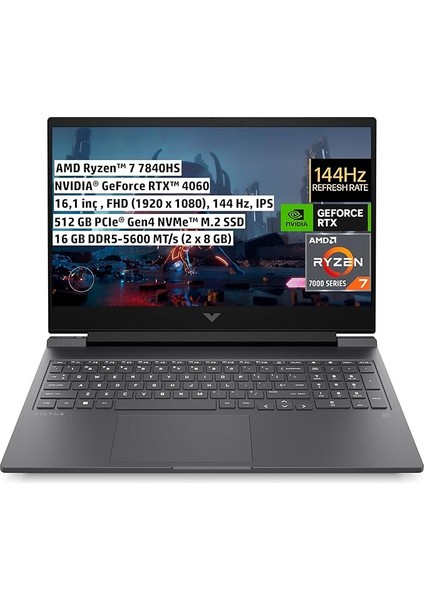 Victus Gaming Dizüstü Bilgisayar, 16,1 Inç 144 Hz Fhd Ips, Amd Ryzen 7-7840HS, 16 GB Ddr5 Ram, 512 GB Ssd, Nvıdıa Geforce Rtx 4060, Freedos, Mika Gümüşü, 7Z577EA
