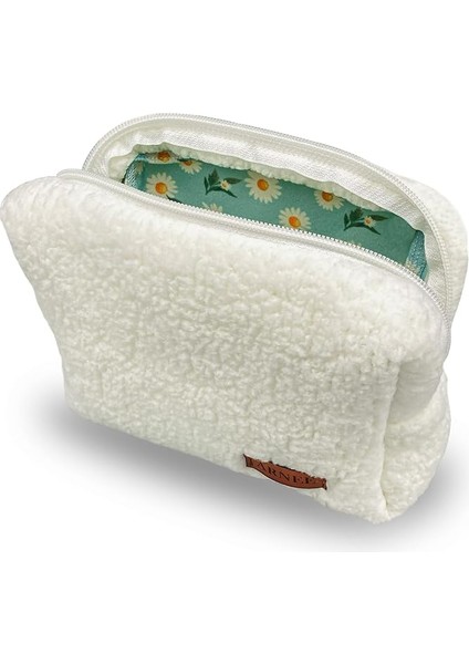 Beyaz Yumuşak Koyun Tüyü Peluş Makyaj Çantası Küçük Kozmetik Çantası (Beyaz)