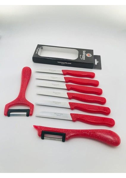 Tırtıklı Meyve Bıçağı Seti, 6 Adet Bıçak ve 2 Adet Soyacak (Kırmızı)