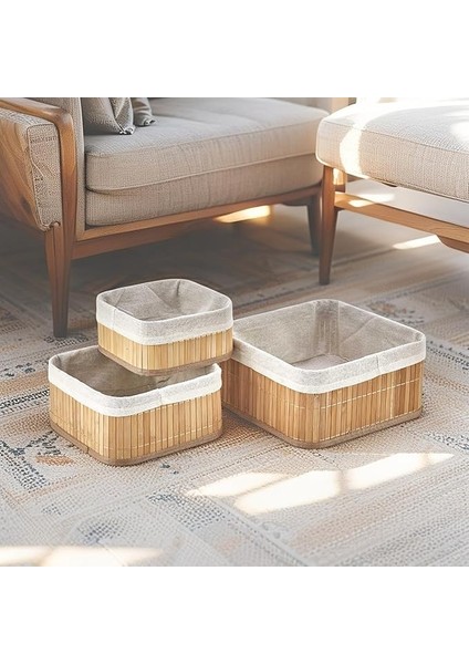 Bambu Çok Amaçlı Saklama Kutusu 3'lü Set, Düzenleyici Kare Derin Boy Organizer, Dekoratif Bambu Düzenleyici 3 Boy Doğal Renk (25CM*25CM*12CM-2CM*2CM*10CM-17CM*17CM* 8cm)