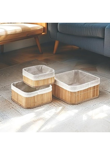 Bambu Çok Amaçlı Saklama Kutusu 3'lü Set, Düzenleyici Kare Derin Boy Organizer, Dekoratif Bambu Düzenleyici 3 Boy Doğal Renk (25CM*25CM*12CM-2CM*2CM*10CM-17CM*17CM* 8cm) fırsatları