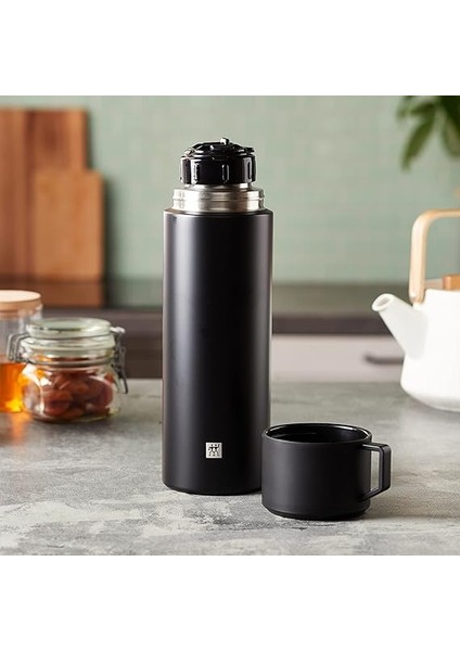 Termos, Entegre Fincan, Termos Sürahi, Çift Duvarlı Yalıtım, 1 Litre, Siyah fiyatları