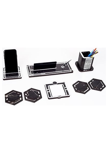 Space+Gümüş Kalemlik Ahşap Masa Isimliği Seti Mermer Desen Hediye Ofis Organizer Masa Üstü Isimlik indirimleri