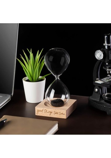 Güzel Şeyler Zaman Alır Mottolu Ahşap Kaideli Manyetik Kum Saati Standlı Mıknatıslı Kum Saati