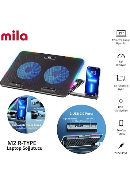 Mila Serisi M2 R-Type Rgb Işıklı, 2 Büyük Fan, Telefon Standı,2 USB Notebook Soğutucu Stand fiyatları
