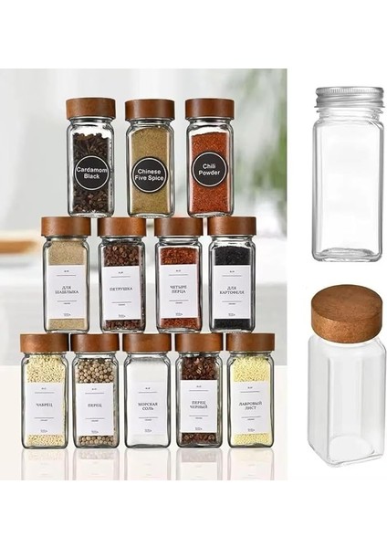 Home 12'li Bambu ve Akasya Kapaklı Cam Baharatlık Seti 120 ml - Doğal Ahşap Kapaklı, Şeffaf Cam, Sağlıklı ve Şık Baharat Kavanozları (Akasya Kapak)