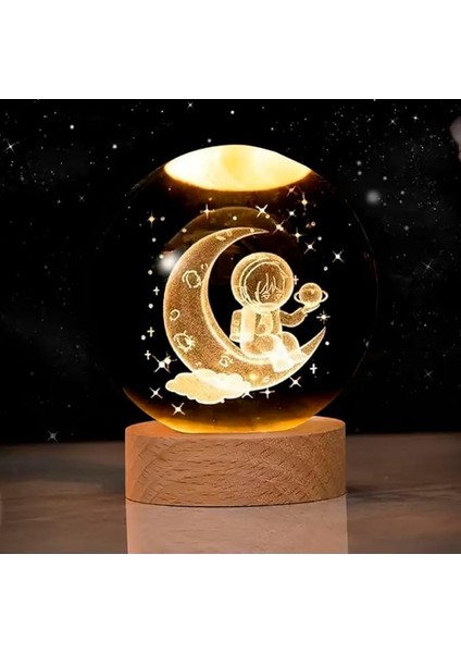Ahşap Standlı Cam Küre Işıklı Göz Yormayan Ay ve Astronot Motifli Masaüstü Aydınlatma Gece Lambası Dekoratif Çocuk Odası Salon Yatak Odası Lamba 6cm x 6cm (Astronot)