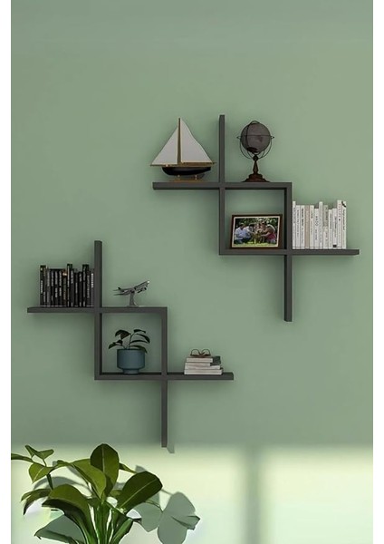 Antrasit 2'li Dekoratif Duvar Rafı - Duvara Monte Kitaplık