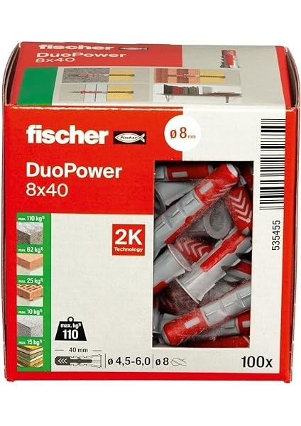 Duopower 8 x 40, Evrensel Dübel, Güçlü 2 Bileşenli Dübel, Beton, Tuğla, Taş, Alçı Yapı Plakaları Vb. Sabitlemek Için Plastik Dübel, Vidasız, 100 Adet fiyatları