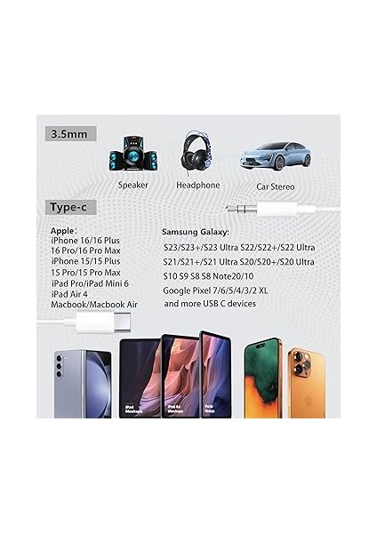 USB C - 3,5 mm Ses Aux Jak Kablosu, iPhone 15 Için Aux Kablosu, Tip C - 3,5 mm Kulaklık Araba Stereo Kablosu, iPhone 15 Plus /15 Pro Max ile Uyumlu, Samsung Galaxy S23 S22 Note 20, Pixel 5 Xl indirimleri