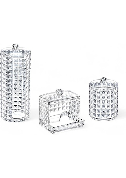 Diamond 3'lü Set Makyaj Organizer Banyo Düzenleyici Pamukluk Seti, Pamuklu Kulak Çubuğu Organizeri, Makyaj Pamuk Organizeri