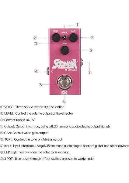 Ton Koruması, Kontrol, Düzey Kontrolü, Işık, 6.35MM Mono Ses Prizi Giriş Çıkış, 3pdt Gerçek Geçiş Efekti Anahtarı, Ses Üçlü Anahtar, 1m Ohm Giriş Empedansı, 10K Ohm Çıkış Empedansı, 9V Besleme indirimleri