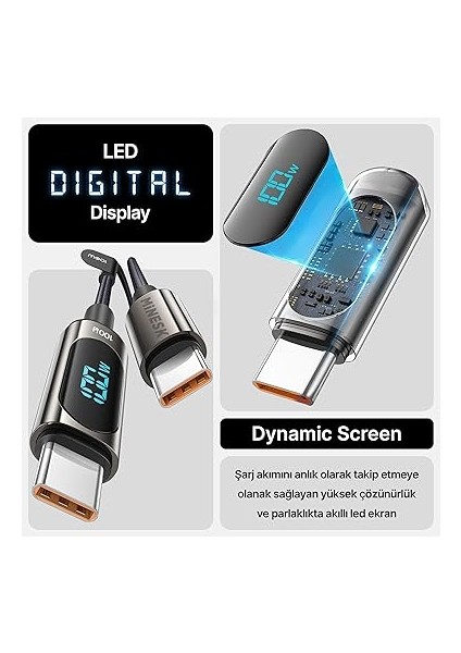 Type C Kablo 100 Watt Güç ve LCD Ekran Pd Type-C Hızlı Şarj Kablosu ve Data Aktarım Kablosu 100 cm Uzunluk Kopmaz Örgü Şarj Kablosu Metal Uçlar (100 Watt Ekranlı) modelleri