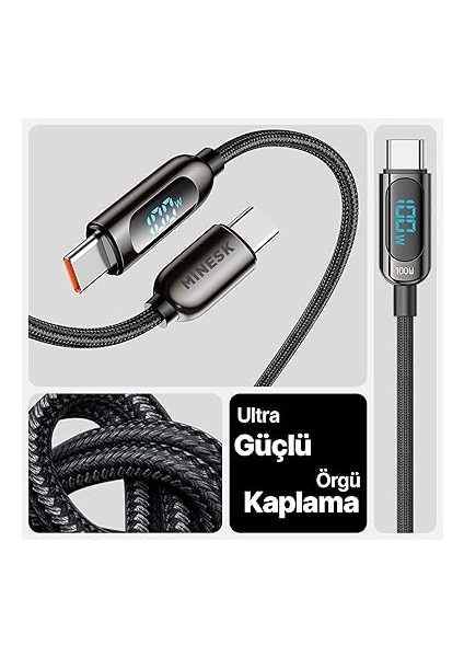 Type C Kablo 100 Watt Güç ve LCD Ekran Pd Type-C Hızlı Şarj Kablosu ve Data Aktarım Kablosu 100 cm Uzunluk Kopmaz Örgü Şarj Kablosu Metal Uçlar (100 Watt Ekranlı) fırsatları