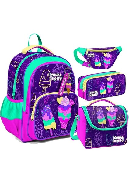 High Mor Pembe Dondurma Desenli Kız Çocuk Dörtlü Okul Çanta Seti - Ilkokul ve Ortaokul Için Uygun
