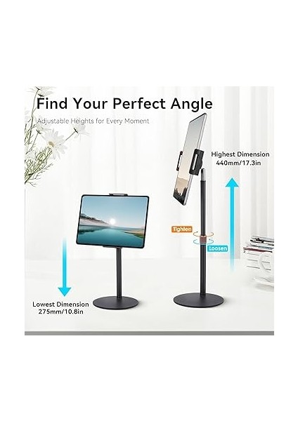 Tablet ve iPad ile Uyumlu Stant – 360° Döner, 90° Eğilebilir, 44CM Yükseklik Ayarlı, Alüminyum Alaşım, 14 Inç'e Kadar Tablet Uyumlu, Eller Serbest Okuma Çalışma Tutucu J2 (14 Inç'e Kadar) modelleri