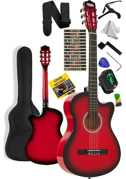 CG-395RD Kırmızı Renk Kesik Klasik Gitar 4/4 Yetişkin Boy Sap Ayarlı Full Set