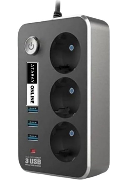 Isıya Dayanıklı Termal Akım Korumalı 2 mt 10A 2500W 3lü Priz ve 3 Usbi 21A Uzatma Kablosu