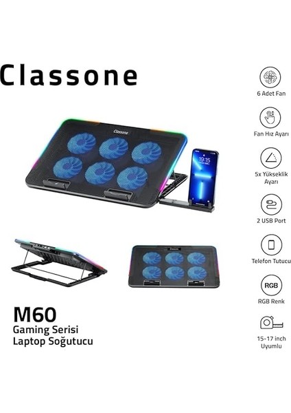 Gaming M60 Laptop Soğutucu, Notebook Stand,10 Rgb Işık Kontrolü, 15.6-17 Inch, Hız Kontrolü, 6 Büyük Fan,telefon Standı, 2 USB fiyatları
