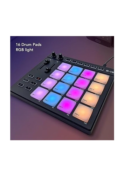 Pad Denetleyicisi, Rgb Taşınabilir Mıdı Drum Pad Kontrolörü 16 Drum Ped, 2 Atandırılabilir Fader Düğmesi, Özelleştirilebilir Anahtarlar, Yeni Başlayan Müzik Prodüksiyonu Için indirimleri