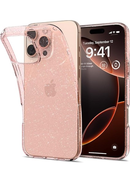 iPhone 16 Pro ile Uyumlu Ince Kılıf Liquid Crystal Glitter Sararma Karşıtı Duraclear Hava Kanalı Teknolojisi Askeri Sınıf Koruma Rose Quartz Şeffaf Simli Kapak - ACS08114