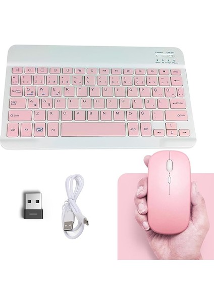 MT82 Kablosuz Bluetooth + USB Wifi Şarjlı Klavye Mouse Seti Ultra Ince Taşınabilir Türkçe Q Klavye (Pembe)