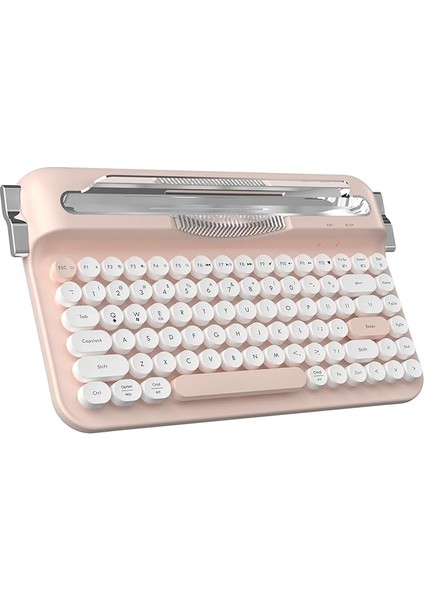 Kablosuz Bluetooth & 2.4g Çift Modlu Retro Daktilo Tasarımlı Klavye – Yuvarlak Tuşlu, Tablet & Telefon Standlı, Ergonomik, Taşınabilir, Pille Çalışan, Sessiz ve Konforlu Ajazz AF84 Pembe