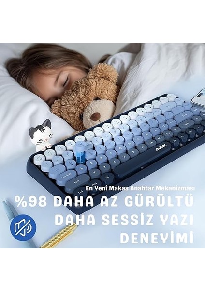 Kablosuz Bluetooth Retro Sessiz Klavye – Yuvarlak Tuşlu, Kedi Süs Aksesuarı, 84 Tuşlu, Taşınabilir, Akıllı Uyku Modu, Ergonomik Tasarım, Tablet Telefon Uyumlu, Ajazz AJ308I Mavi modelleri