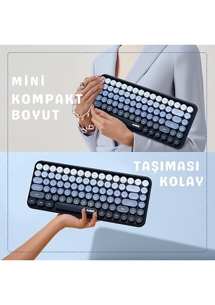Kablosuz Bluetooth Retro Sessiz Klavye – Yuvarlak Tuşlu, Kedi Süs Aksesuarı, 84 Tuşlu, Taşınabilir, Akıllı Uyku Modu, Ergonomik Tasarım, Tablet Telefon Uyumlu, Ajazz AJ308I Mavi indirimleri