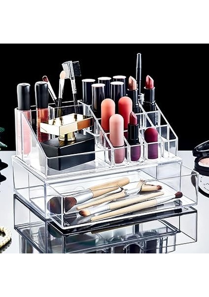 17 Bölmeli Şeffaf Akrilik Makyaj Düzenleyici - Tek Çekmeceli Kozmetik Organizeri | Ruj, Fırça, Fondöten, Palet Saklama Kutusu (23X14X14 Cm) modelleri