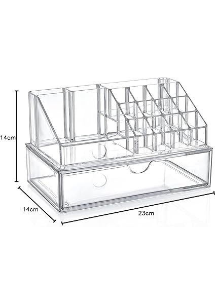 17 Bölmeli Şeffaf Akrilik Makyaj Düzenleyici - Tek Çekmeceli Kozmetik Organizeri | Ruj, Fırça, Fondöten, Palet Saklama Kutusu (23X14X14 Cm) fırsatları