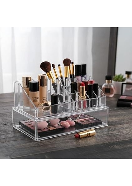 17 Bölmeli Şeffaf Akrilik Makyaj Düzenleyici - Tek Çekmeceli Kozmetik Organizeri | Ruj, Fırça, Fondöten, Palet Saklama Kutusu (23X14X14 Cm) indirimleri