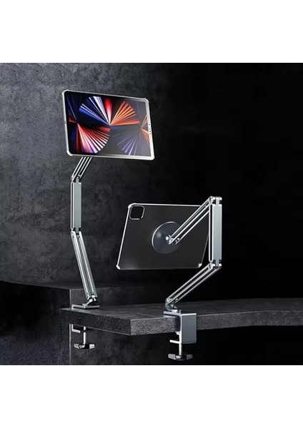 Sınıfının En Profesyoneli ve En Güçlüsü 3 Eklemli Manyetik Tablet ve Telefon Tutucu Masa Kenarına Sıkıştırmalı Güçlü Gövde Yüksekliği Ayarlanabilir Alüminyum Stand Silver C67