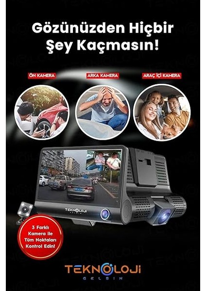 Içi Kamera 4'' LCD Ekran 3 Kameralı 170° Geniş Açı 1080P G-Sensör Gece Görüşlü Uyumlu Yol Kayıt fiyatları